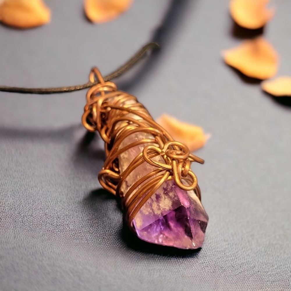 Orchid & Vine Amethyst Copper Wire Wrap Pendant Necklace Stone Artisan Jewelry